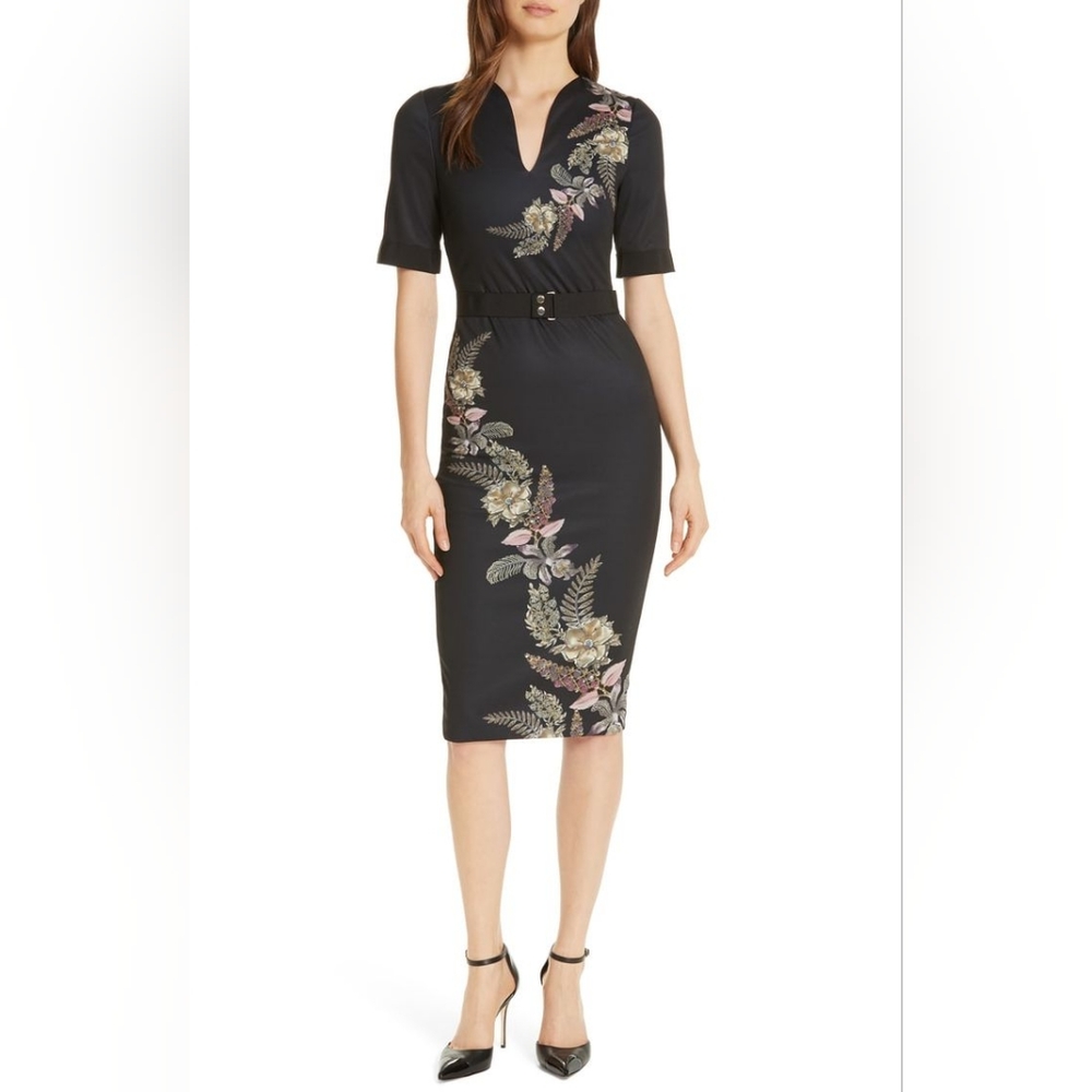 Ted Baker Black Belted Pencil Dress with Jewel Floral Print Size 2